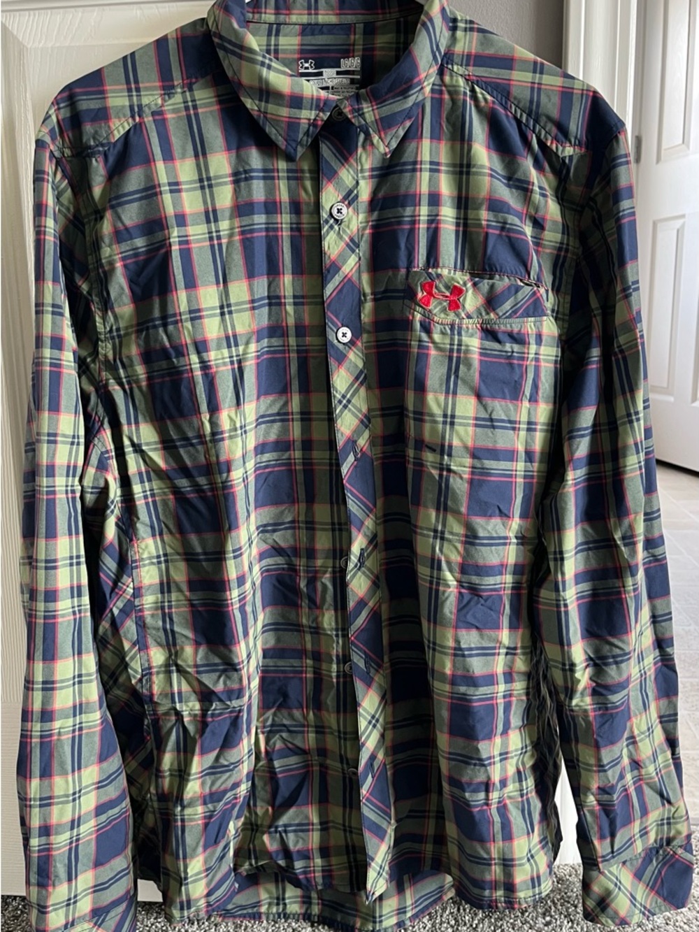 Under Armour Men's Plaid Button-Down Shirt - Navy, Olive & Red Accent
